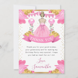 Cartão De Agradecimento Aniversário da Princesa Loura de Vestido Rosa