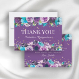 Cartão De Agradecimento Aniversário da Quinceañera Azul-Roxo Elegante