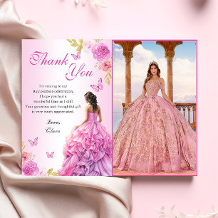 Cartão De Agradecimento Aniversário da Quinceañera Floral Rosa-Esmagadora