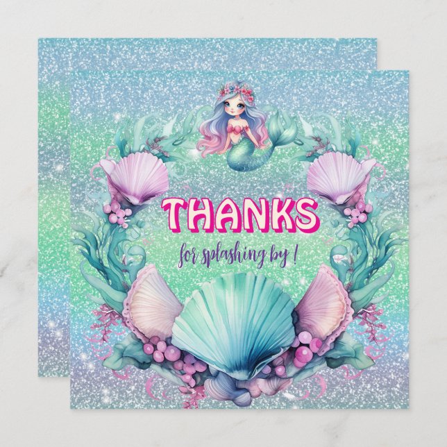 Cartão De Agradecimento Aniversário da Sereia Roxa Glitter (Frente/Verso)