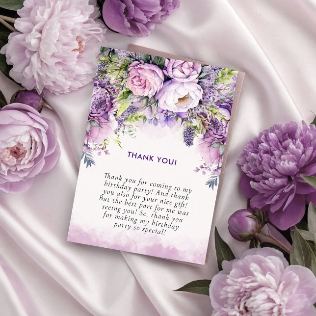Cartão De Agradecimento Aniversário das Flores do Jardim Roxo e Rosa (Purple & Pink Garden Flowers Girl Birthday Thank You Card)