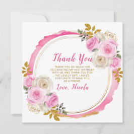 Cartão De Agradecimento Aniversário das Flores Elegantes Douradas e Rosa B