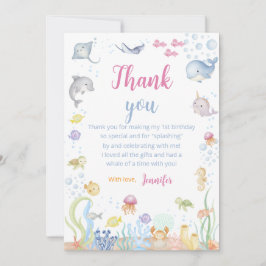 Cartão De Agradecimento Aniversário de 1 ano da Menina Aquarela Sob o Mar