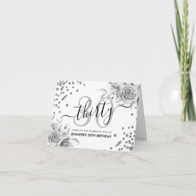Cartão De Agradecimento aniversário de 30 anos Obrigado Silver Floral Glit (Frente)