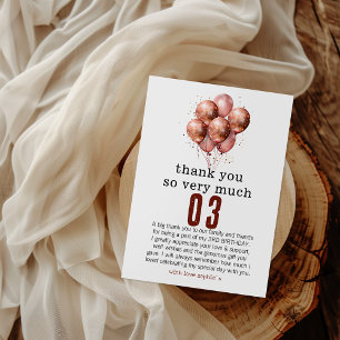 Cartão De Agradecimento Aniversário de 3 anos de balão Dourado Rosa com br