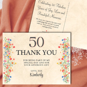 Cartão De Agradecimento Aniversário de 50 anos Floral Elegante 50 Anos