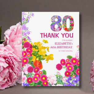 Cartão De Agradecimento Aniversário de 80 anos Floral - Elegante Design de