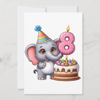 Cartão De Agradecimento Aniversário de 8 anos do Elefante Fofo