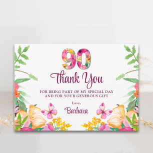 Cartão De Agradecimento Aniversário de 90 anos Floral Elegante Pequeno Obr
