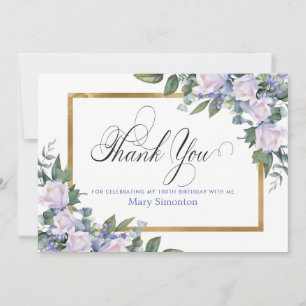 Cartão De Agradecimento Aniversário de 90 anos Rosa Branca Azul Floral Per