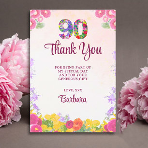 Cartão De Agradecimento Aniversário de 90 Floral - Pastel Elegante 90 Anos