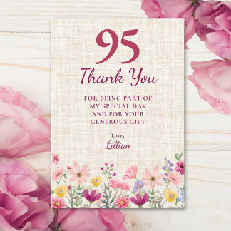 Cartão De Agradecimento Aniversário de 95 anos elegante com flores cor-de-