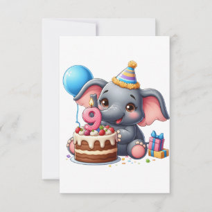 Cartão De Agradecimento Aniversário de 9 anos do Elefante Fofo