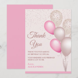 Cartão De Agradecimento Aniversário de Balões Rosa Bege e Elegantes