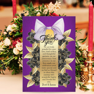 Cartão De Agradecimento Aniversário de Casamento Floral Dourado e Roxo Per
