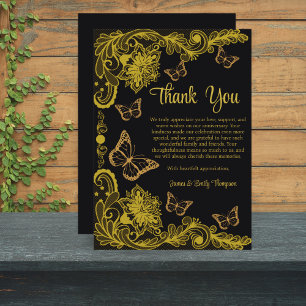 Cartão De Agradecimento Aniversário de Casamento Floral Negro e Dourado