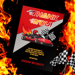 Cartão De Agradecimento Aniversário de Corrida de Kart Vermelho   Preto