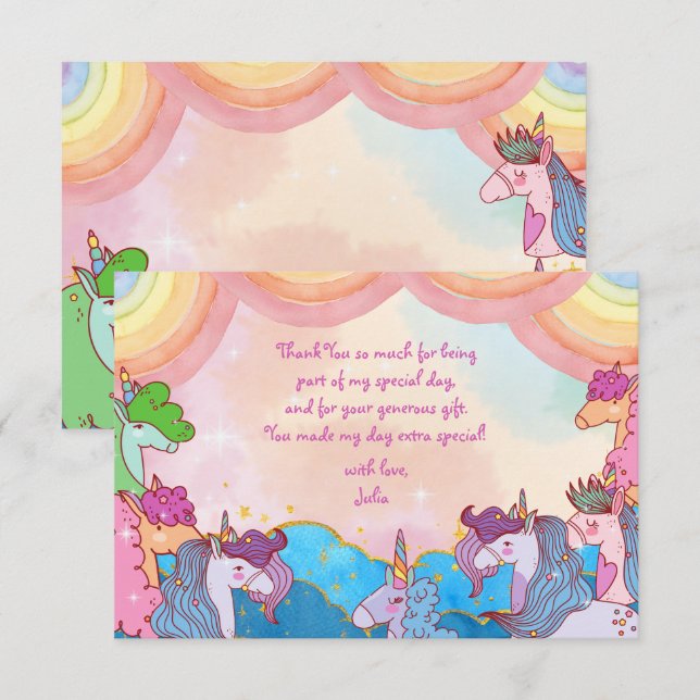 Cartão De Agradecimento Aniversário de criança de arco-íris Pastel Unicorn (Frente/Verso)