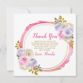 Cartão De Agradecimento Aniversário de Flores Elegantes Rosa e Roxo