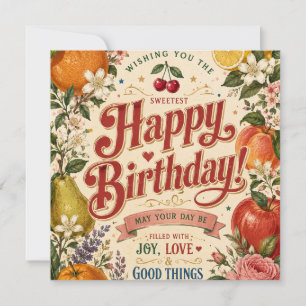 Cartão De Agradecimento Aniversário de Fruta Retro, Saudação Floral Colori