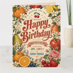Cartão De Agradecimento Aniversário de Frutas Retrô, Saudação Floral Color