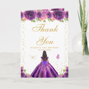 Cartão De Agradecimento Aniversário de Menina de Pele Morena com Floral Ro