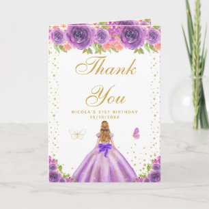 Cartão De Agradecimento Aniversário de Menina Loira com Floral Roxa