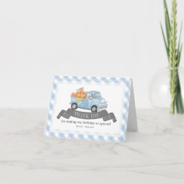 Cartão De Agradecimento Aniversário do Blue Pumpkin Truck Gingham Boy