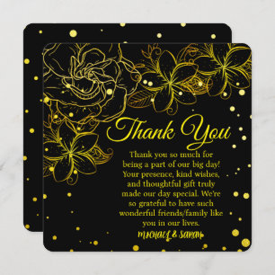 Cartão De Agradecimento Aniversário do Casamento Floral Dourado e Negro El