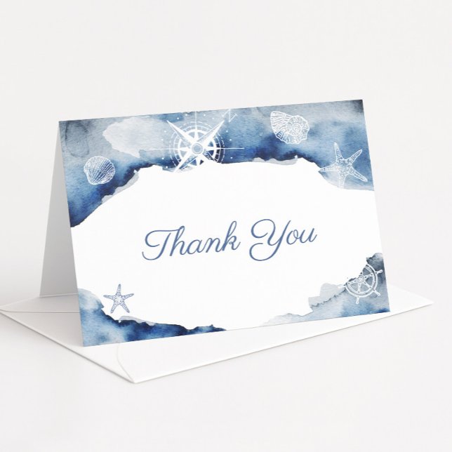 Cartão De Agradecimento Aniversário do Chá Náutico do Oceano Índico de Aqu (Navy blue and white nautical theme baby shower baptism or birthday thank you card)