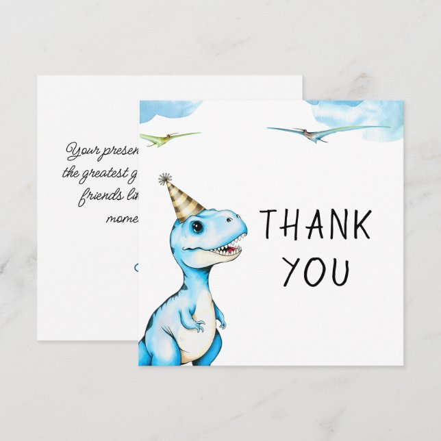 Cartão De Agradecimento Aniversário do Dinosaur T-Rês Azul Aquarela Três (Frente/Verso)