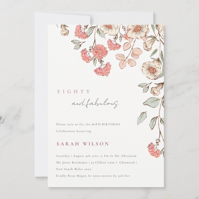 Cartão De Agradecimento Aniversário do Elegante Flores Rosa, 80 (Frente)