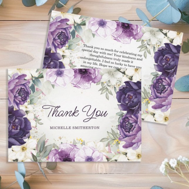 Cartão De Agradecimento Aniversário do Floral Branco Puro - Obrigado (Purple floral birthday party "Thank you" card for women.)