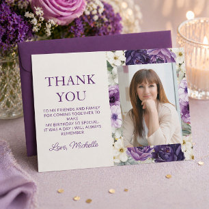 Cartão De Agradecimento Aniversário do Floral Branco Roxo Elegante Obrigad