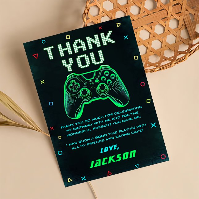 Cartão De Agradecimento Aniversário do Jogo de Vídeo Arcade Verde Neon (Criador carregado)