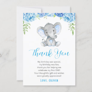Cartão De Agradecimento Aniversário do menino azul do elefante ø primeir