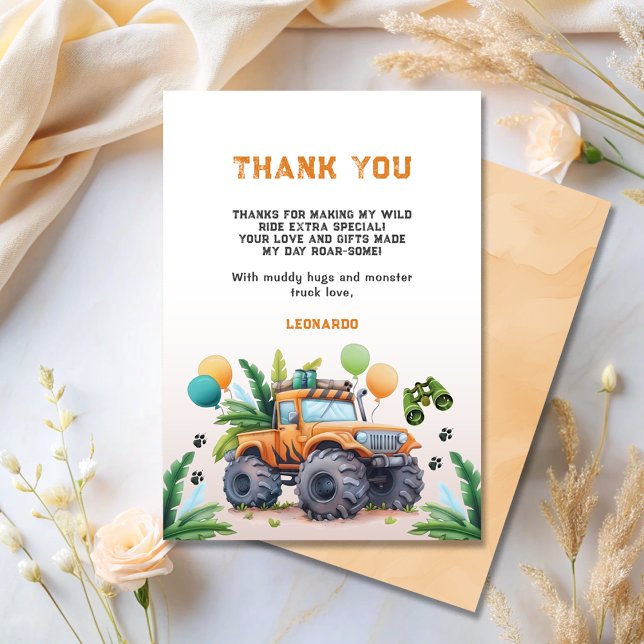 Cartão De Agradecimento Aniversário do Menino Safari no Jungle Truck Monst (Criador carregado)