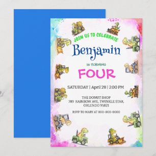 Cartão De Agradecimento Aniversário do Rainbow B2S School, trator de dinos