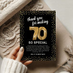 Cartão De Agradecimento Aniversário Dourado 70-Adulto Negro<br><div class="desc">Elegante sétima festa de aniversário agradeço as cartas com um fundo na moda preto que pode ser mudado para qualquer cor,  brilho dourado,  setenta balões de ouro hellium e um obrigado moderno que você modelo é fácil de personalizar.</div>