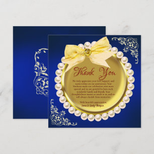 Cartão De Agradecimento Aniversário Dourado de Casamento de Pérolas Azul-M