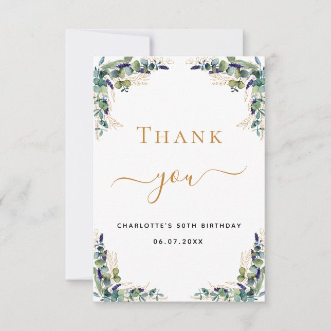 Cartão De Agradecimento Aniversário eucalipto verde elegante (Frente)