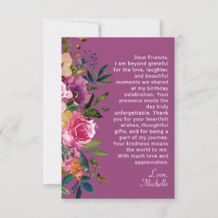 Cartão De Agradecimento Aniversário Feminino com Flores Rosa Roxo