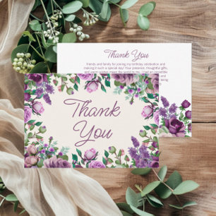 Cartão De Agradecimento Aniversário Floral Aguarela Verde e Roxo