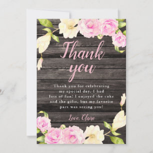 Cartão De Agradecimento Aniversário floral de creme cor-de-rosa rústico