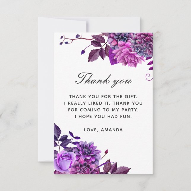 Cartão De Agradecimento Aniversário floral de lilás púrpura de aquarela el (Frente)