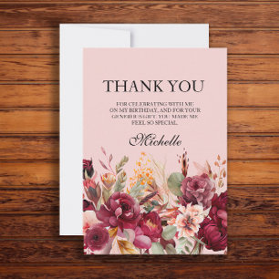 Cartão De Agradecimento Aniversário Floral Rosa Borgonha