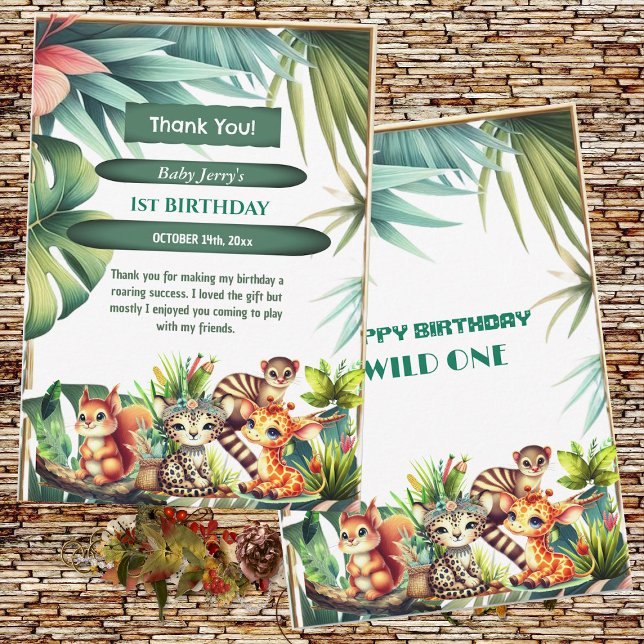 Cartão De Agradecimento Aniversário Selvagem Selva Safari Folhagem Tropica (Wild One Birthday Jungle Safari Tropical Leaves Greenery Thank You Card)