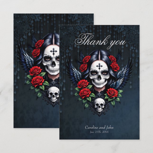Cartão De Agradecimento Anjo do Crânio de Açúcar com Rosas. (Frente/Verso)