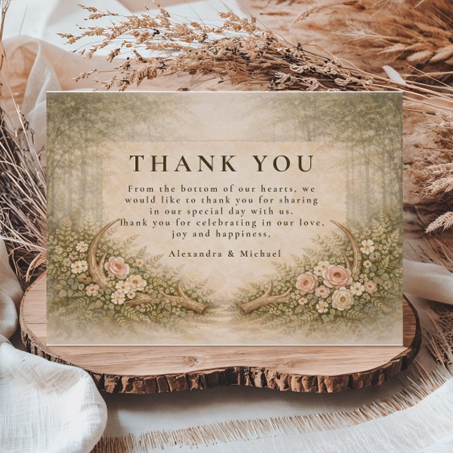 Cartão De Agradecimento Antler Floral Boho Wedding (Criador carregado)