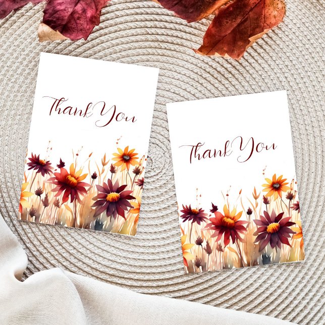 Cartão De Agradecimento Apaixonem-se, chá de panela Burgundy obrigado você (Fall in love bridal shower wedding thank you card template burgundy orange yellow dahlias thank you)